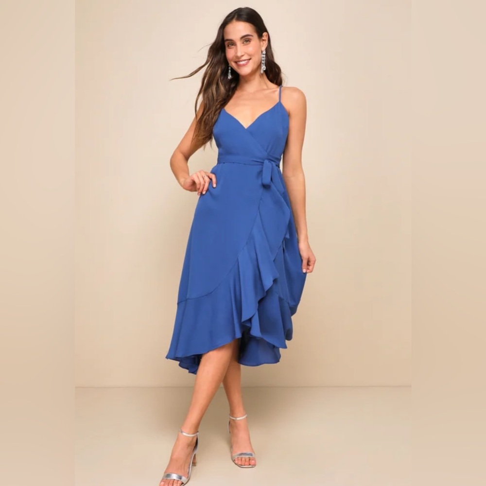 Lulus Manhattan Moment Blue Ruffled Midi Wrap Dress - Size M